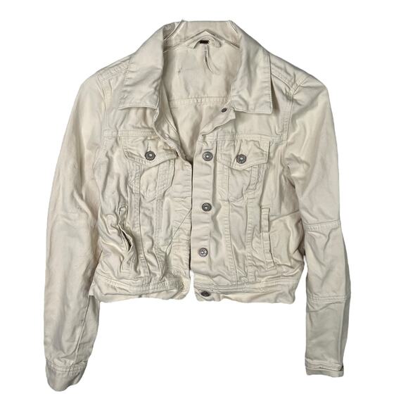 Free People Rumors Cropped Denim Jean Jacket FLAW Ecru Ivory Womens XS - Picture 1 of 10